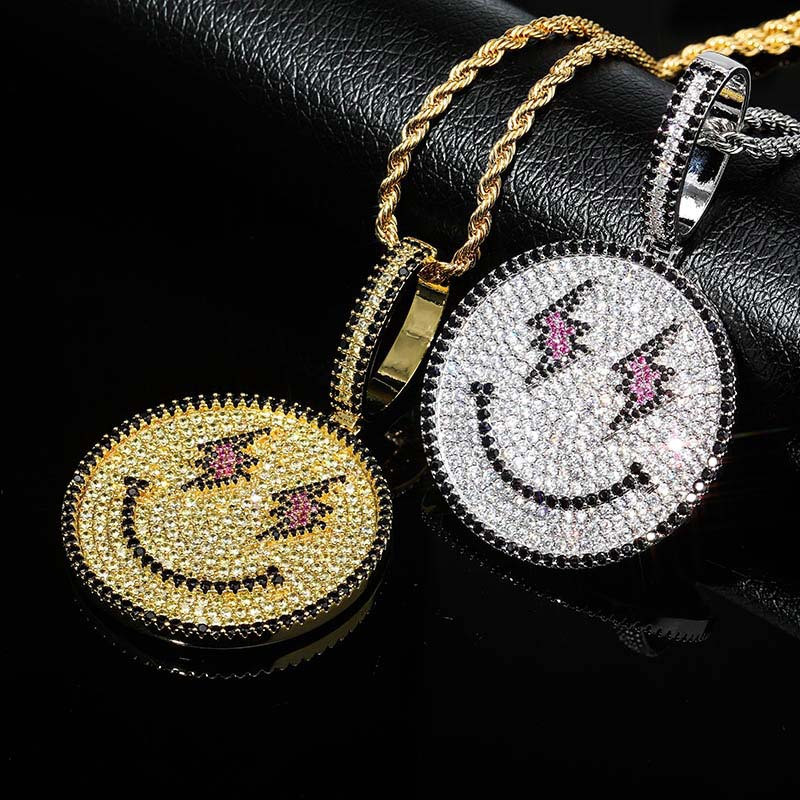 

Iced Out Smiling Face Pendant Necklace with 4MM Tennis Chain Gold Silver Bling Cubic Zircon Men's Hip hop Jewelry Gifts