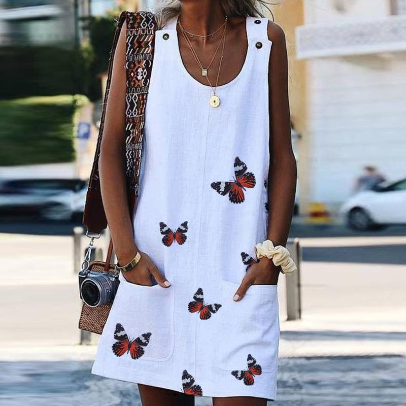 

2019 Summer Dress Women Boho Summer Prints Button Pockets Sleeveless Dress Beach Maxi Dresses Casual Beach Sundress Vestidos, White