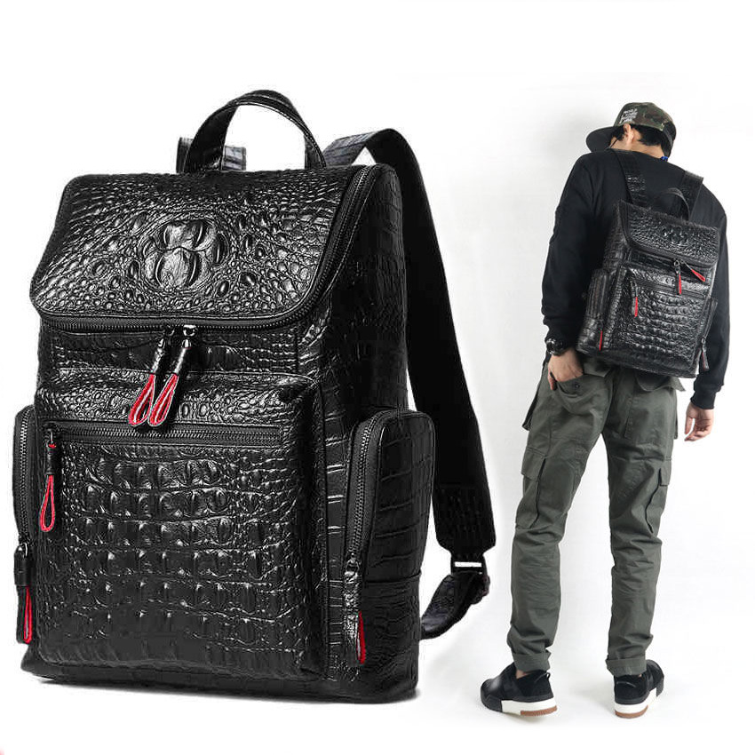 

High quality leather Crocodile print backpack men bag Famous designers canvas men's backpack travel bag backpacks Laptop bag, Black