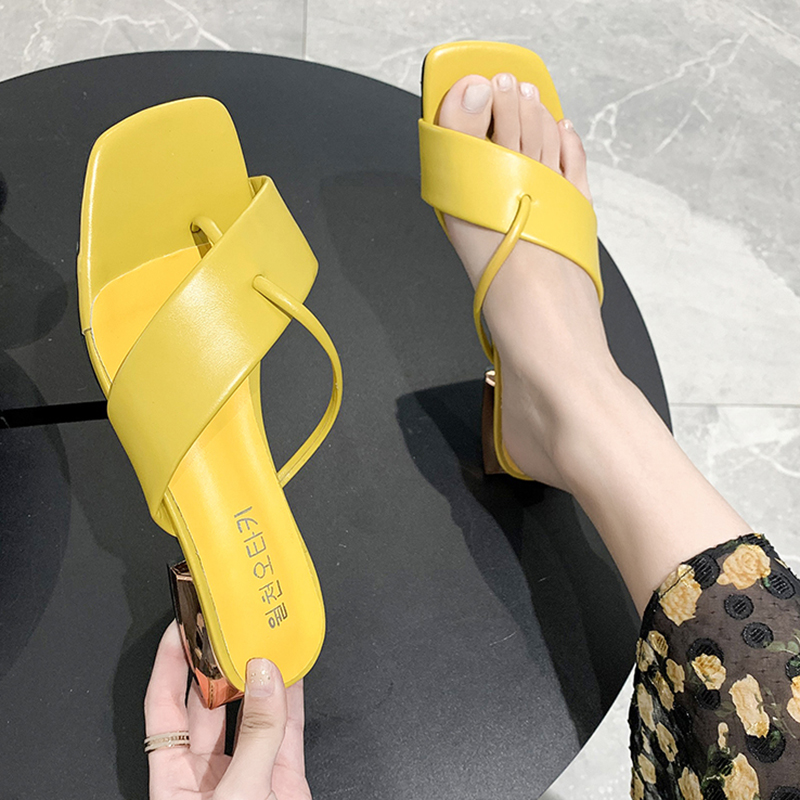 

Dropshipping Casual Clip-toe Soft Leather Flip Flops Women Solid Color Square Heel Slippers Ladies Summer Daily Vacation Slides, Blue