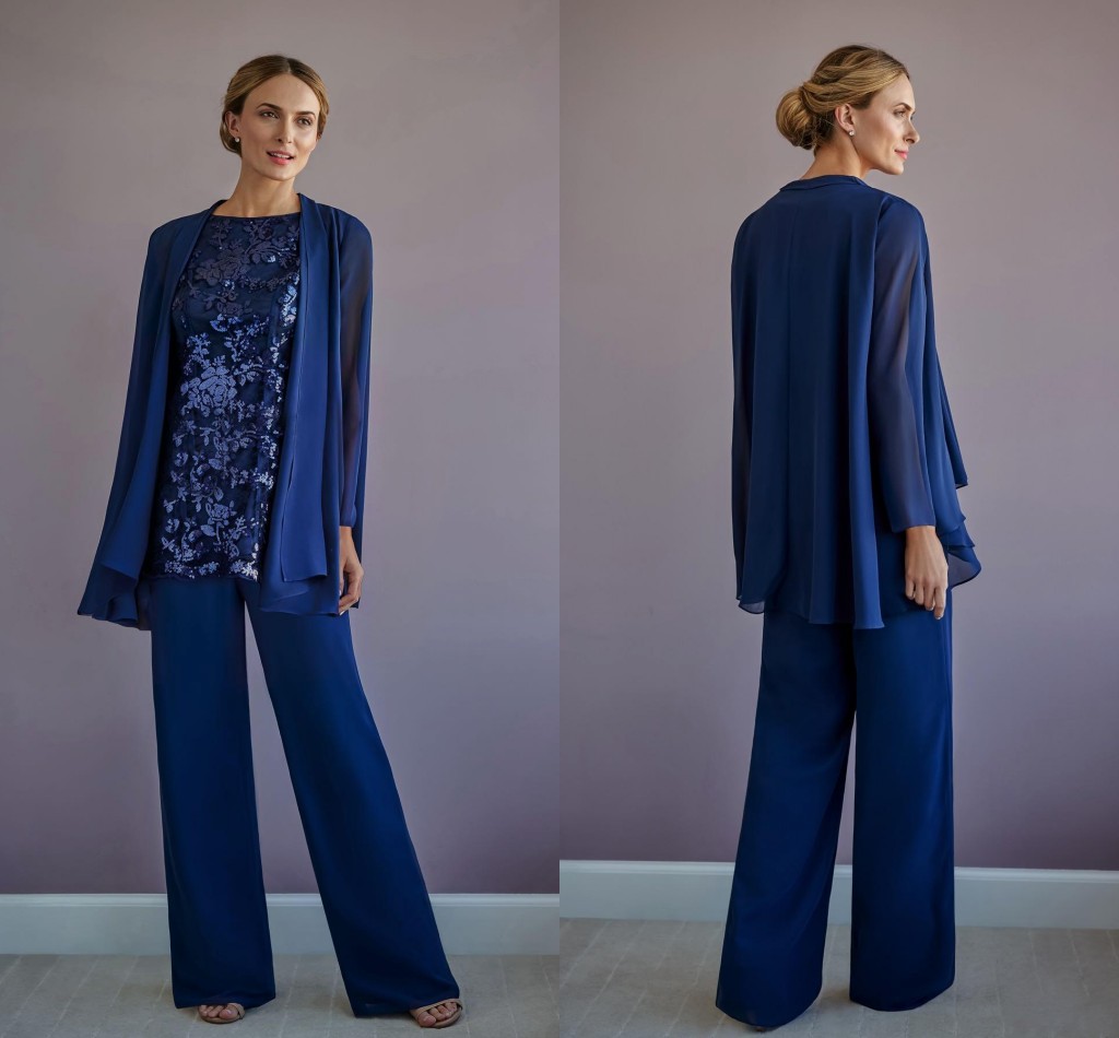 

Royal Blue 2 Piece mother of the bride dresses 2020 Pant Suit Groom Dresses Evening Wear Sequins Lace Chiffon Jumpsuit Special Occasion Mom