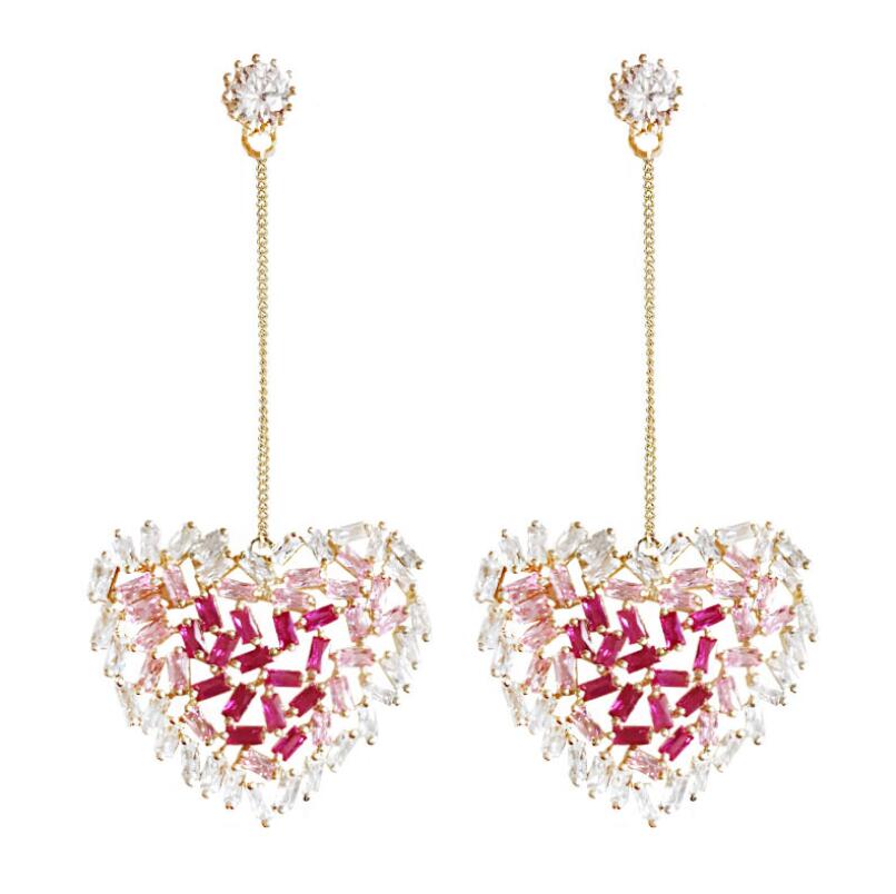 

Sparkling Love Heart Earring Long Inlaid Zircon Designer Earrings For Women Wedding Party Gift Luxury Jewelry, Silver