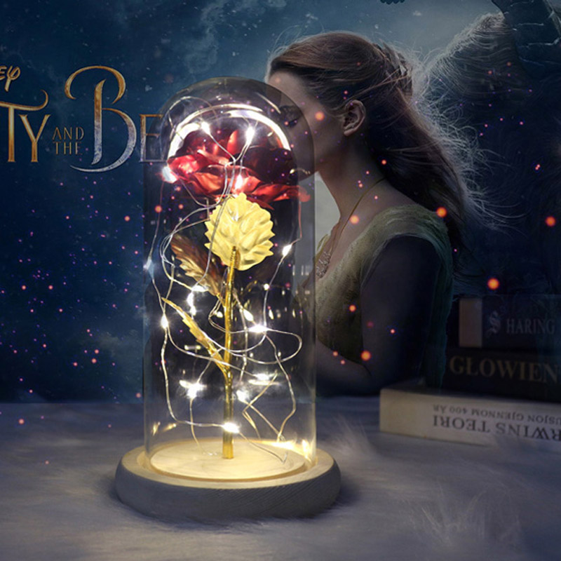 

Eternal Flower Rose in a flask Wed Ding Decoration Artificial Flowers Glass In Cover for Valentine's Day, Gold with box