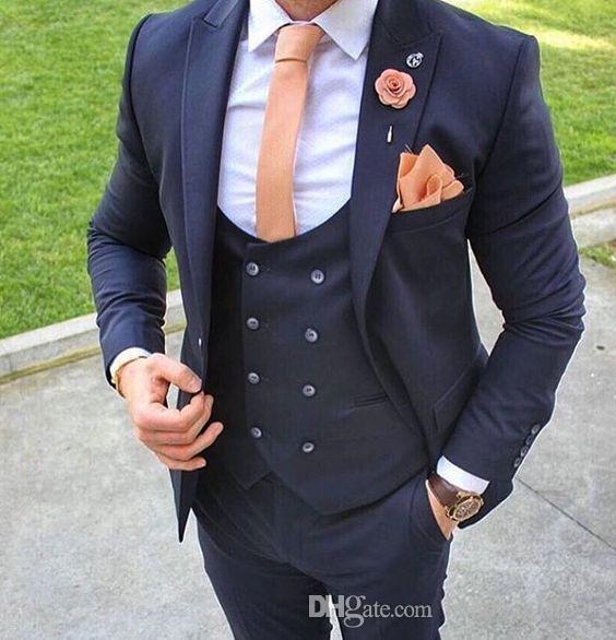 

High Quality One Button Navy Blue Groom Tuxedos Peak Lapel Groomsmen Best Man Mens Wedding Suits (Jacket+Pants+Vest+Tie) D:186, Same as image