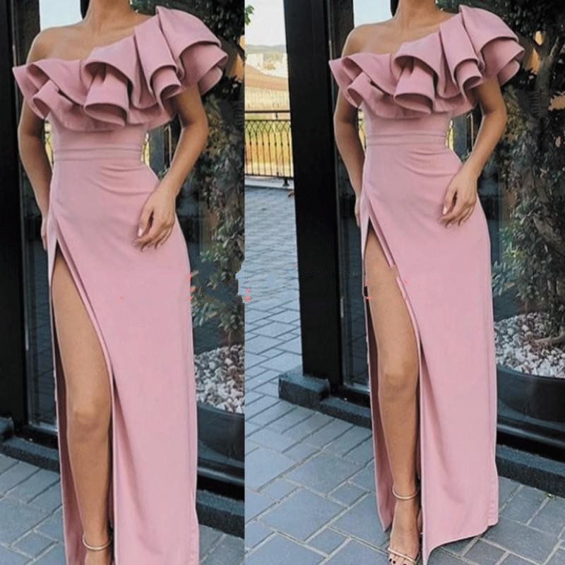 

Sexy One Shoulder High Split Evening Dresses Ruffle Satin African Sexy Pageant Gowns Vestido de noche Formal Arabic Party Dress Long Prom, Pink