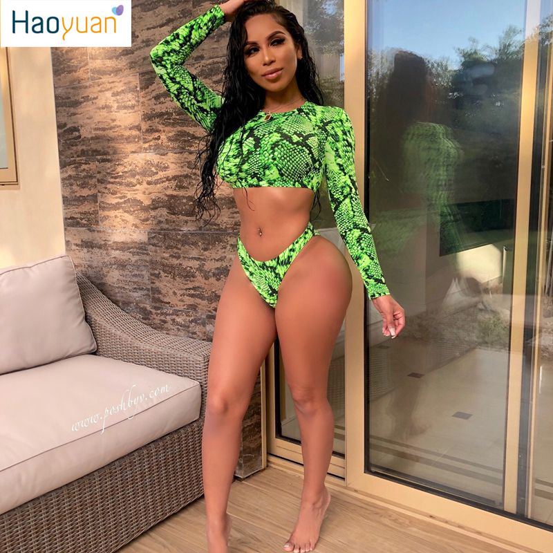 

HAOYUAN Snake Print Sexy 2 Pcs Outfits Long Sleeve Crop Tops+Panties Shorts Swim Suit Summer Beach Women Two Piece Matching Sets, Green