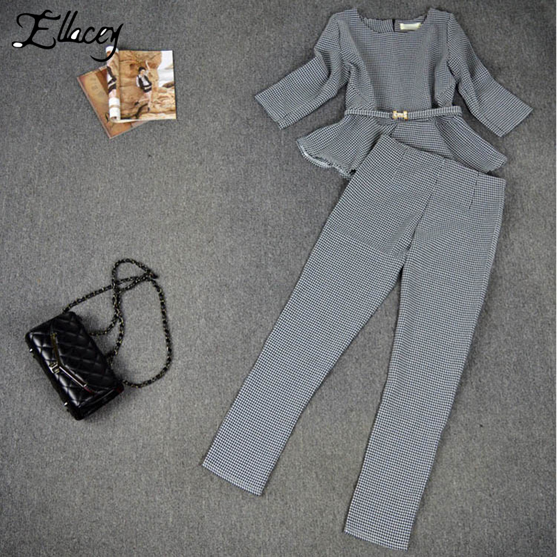 

New 2018 Spring Autumn Fashion Women' Business Pants Suits Houndstooth Checker Pattern Ruffles Suits For Women 2 Pieces Set, Black