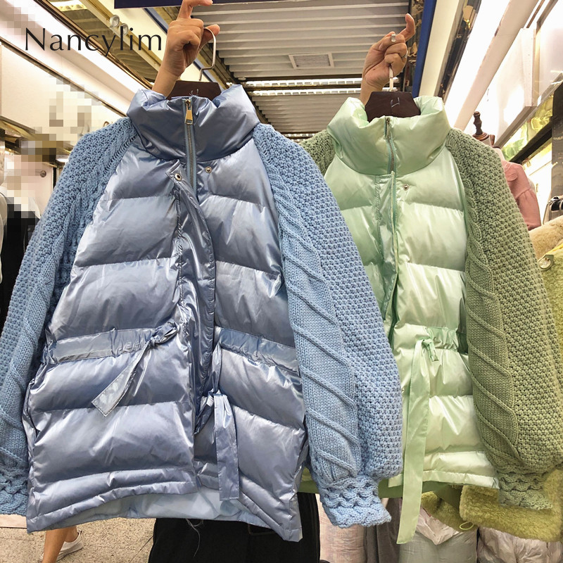 

Women Parka Winter Coat 2019 New Korean Stand Collar Stitching Knit Sleeve Down Cotton-padded Jacket Women Winter Warm Coats, Blue