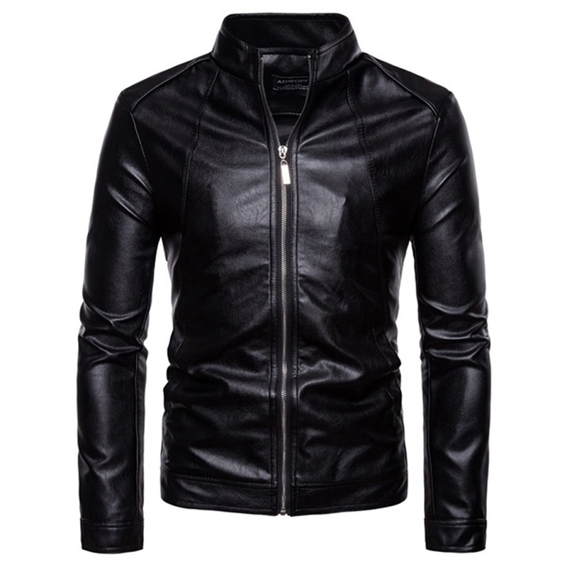 

Fashion Men's Leather Jackets Motorcycle Stand Collar Zipper Pockets Male PU Coats Biker Outerwear Mens Coat, Black