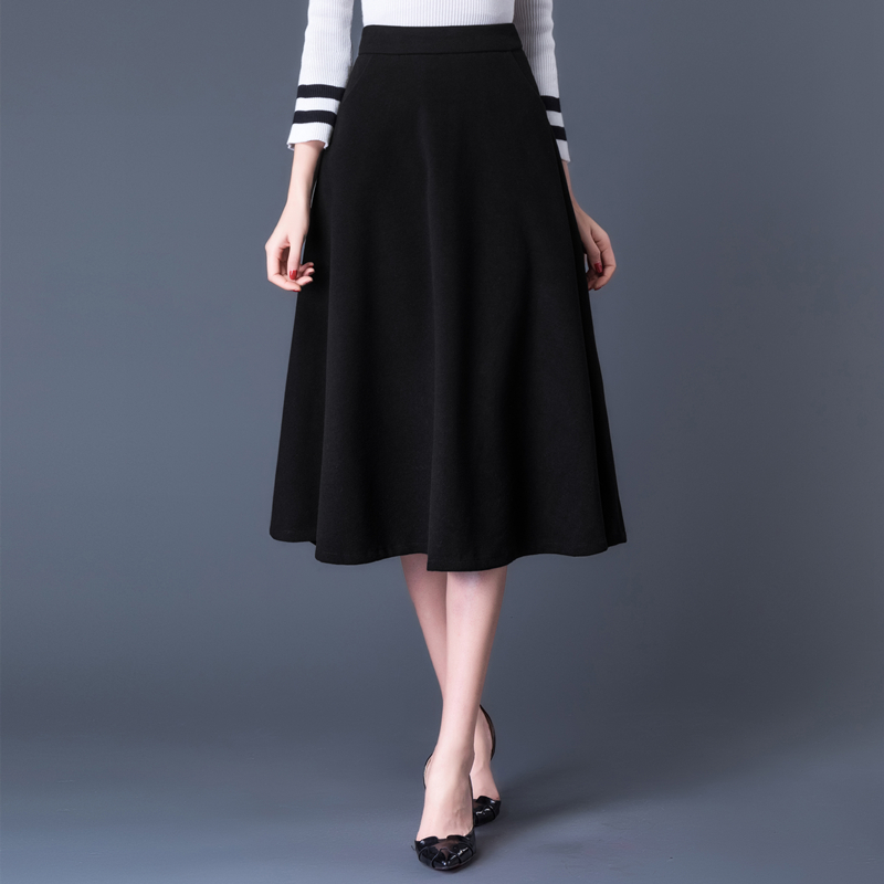 

2020 Plus Size High Waist Thicken Woolen Mid Skirts Womens Autumn Winter Office Lady Wool Skirt Black Pocket Woolen Skirt Femme