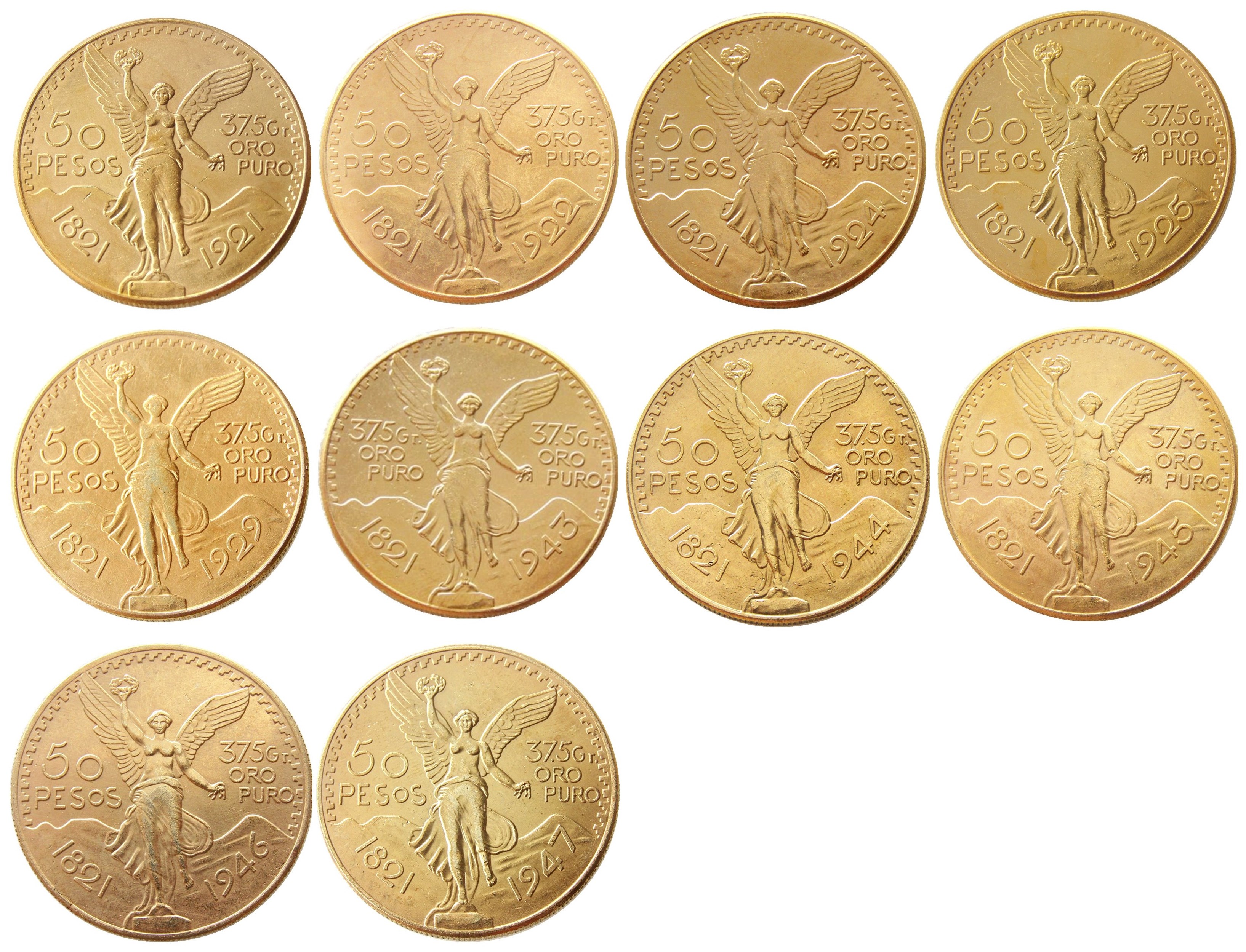 

High Quality 1921-1947 10pcs Mexico Gold 50 Peso Coin copy coin