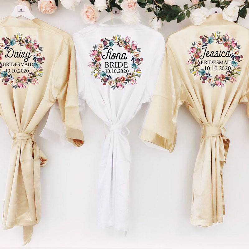

Wedding Satin Dressing Gown Personalized Custom Name Flower Print Bride Team Robes Bridal Party Robes Bridesmaid gift, Pink
