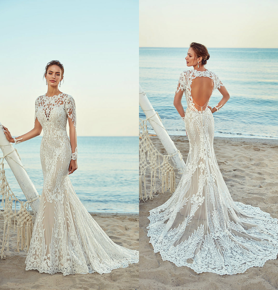 

2019 Eddy K Mermaid Wedding Dresses Jewel Neck Hollow Back Lace Appliqued Sweep Train Beach Wedding Dress Long Sleeve Robe De Mariée, Black