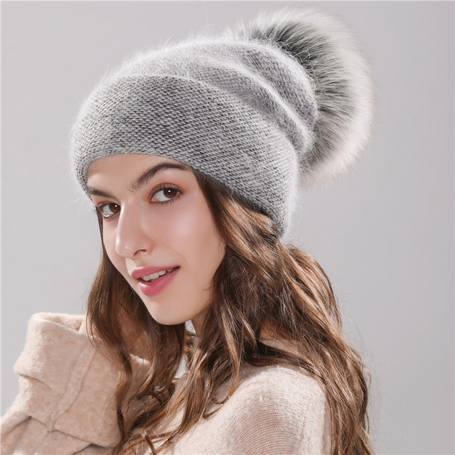 

new women's hat winter beanie knitted hat Angola Rabbit fur Bonnet girl 's hat fall female cap with fur pom pom, 15