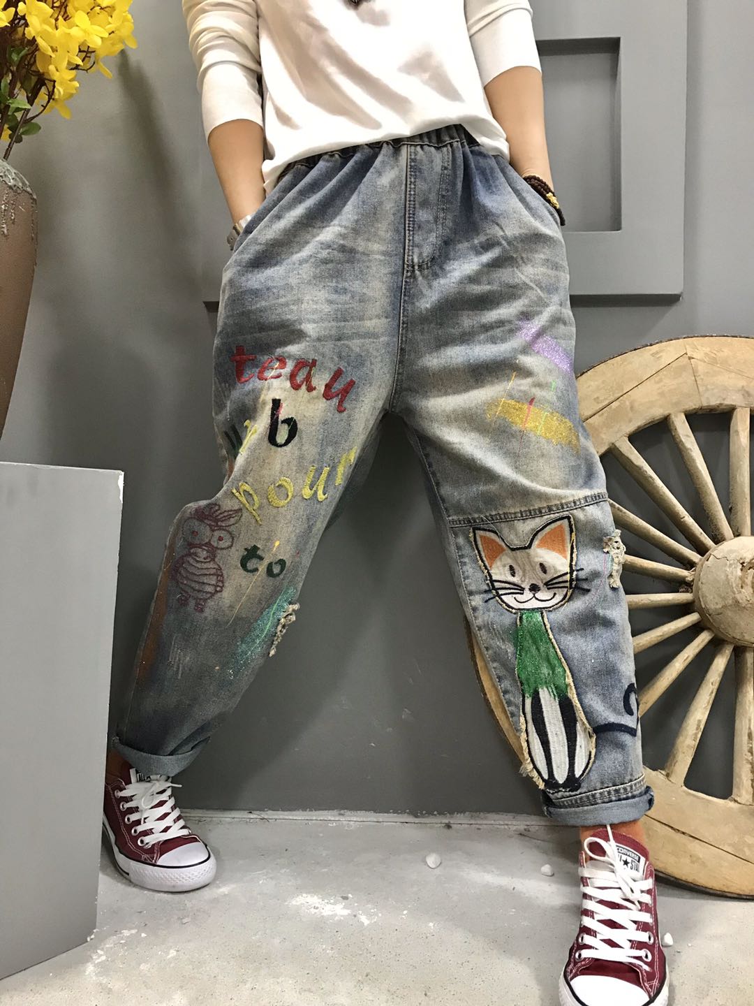 

Light Blue White Black Feer Harlan Cowgirl Baggy Pants Cotton Trousers Bk4401