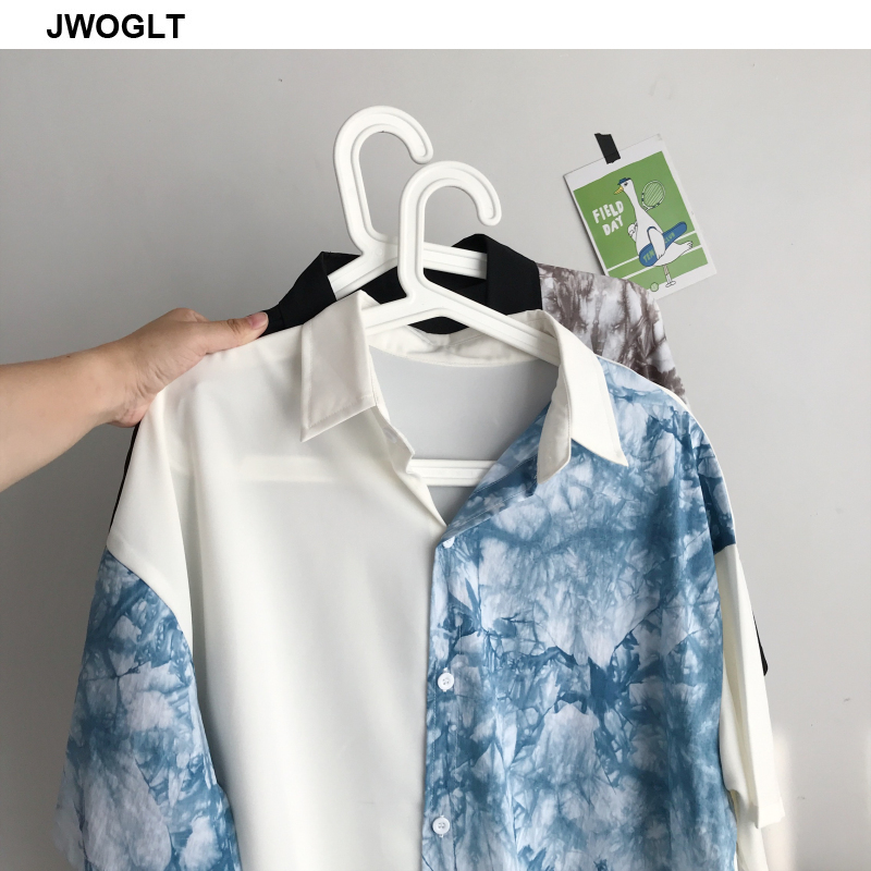

2020 Summer New Korean Loose Men' Patchwork Shirt Casual Button Down Short Sleeve Oversize Men Shirts Black White Male Blouse