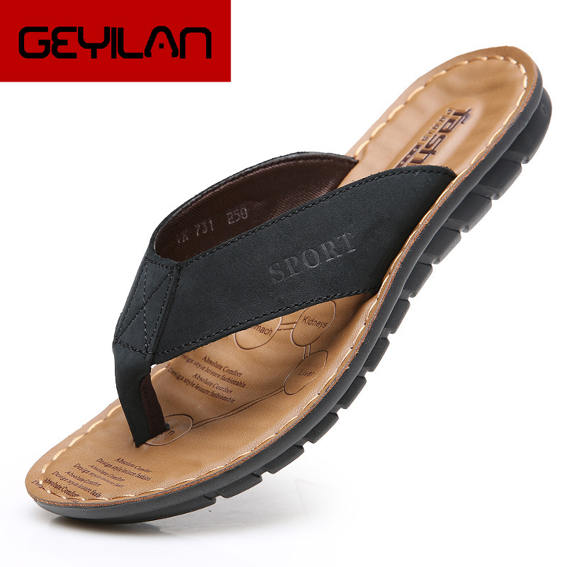 

Summer High Quality Men's Slippers Flip Flops Genuine Leather The First Layer Cow Leather Casual Sandals Mules Shoes, Black