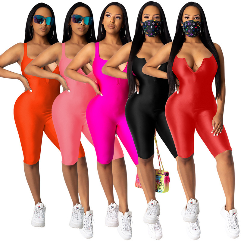 

Europe and the United States sexy solid color zipper Jumpsuit fashion slim sling women' seven point Leggings, Black