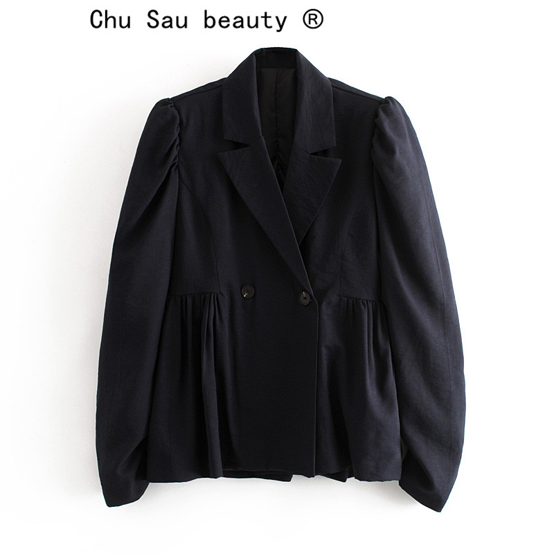 

Chu Sau beauty Classic Office Lady Blazer Solid Color Slim Double-breasted Bubble Sleeve Suit Jacket Casual Blazer Woman, Black