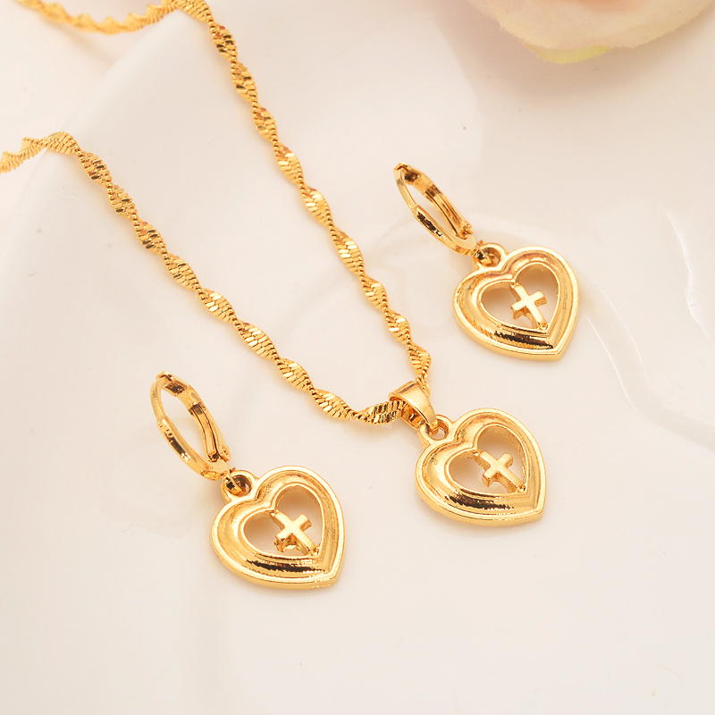 

Europe women Jewelry set 18 k Fine Solid Gold filled heart cross Pendant Necklaces/Earrings/Ring Bridal Wedding Gift, Golden