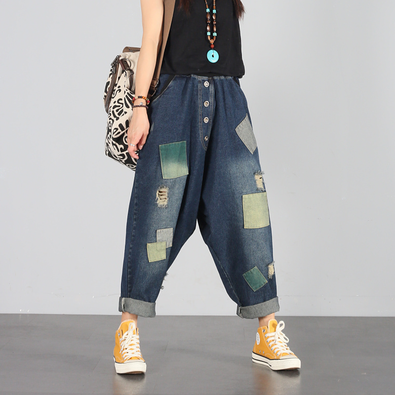 

Baggy jeans BF Style Drop crotch Harem Denim pants Patchwork Elastic waist Trousers Plus Size American cowboy Bloomers Joggers, Navy blue