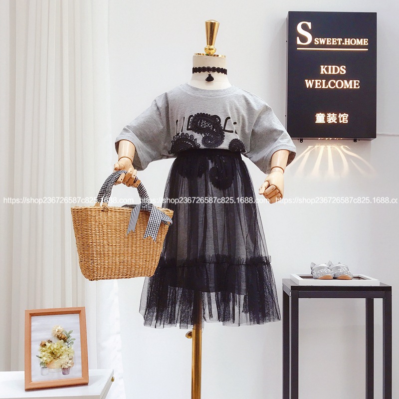 

2020 summer new girl dress, big boy fashion skirt with short-sleeved T-shirt two pieces suit, Gray