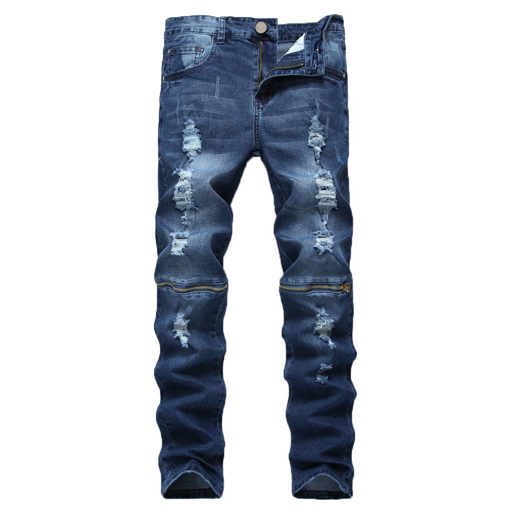 

2019 Men Stylish Ripped Jeans Pants Biker Slim Straight Hip Hop Frayed Denim Trousers New Fashion Skinny Jeans#G3, Blue