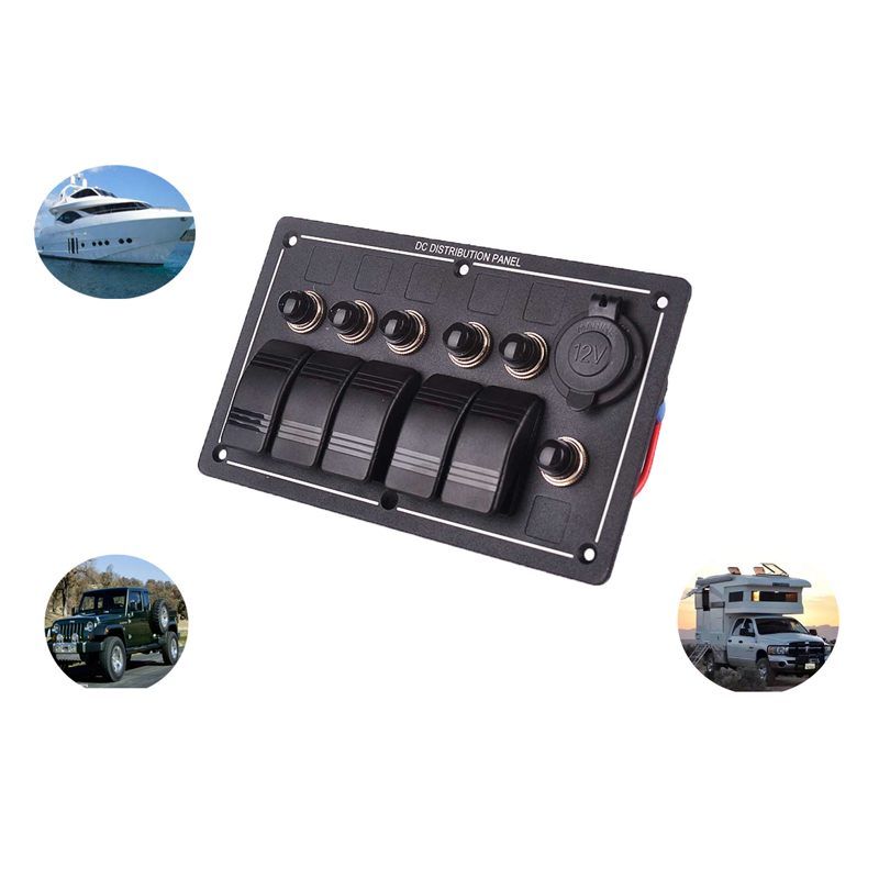 

Waterproof 5 Gang Aluminum LED Rocker Switch Panel Power Socket Marine Boat
