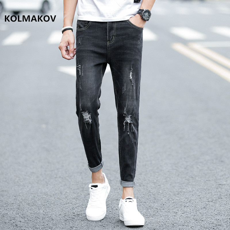 2020 new arrival spring holes casual elestic Ankle-length jeans men,cotton skinny jeans , pencil pants men Blue, black, gray