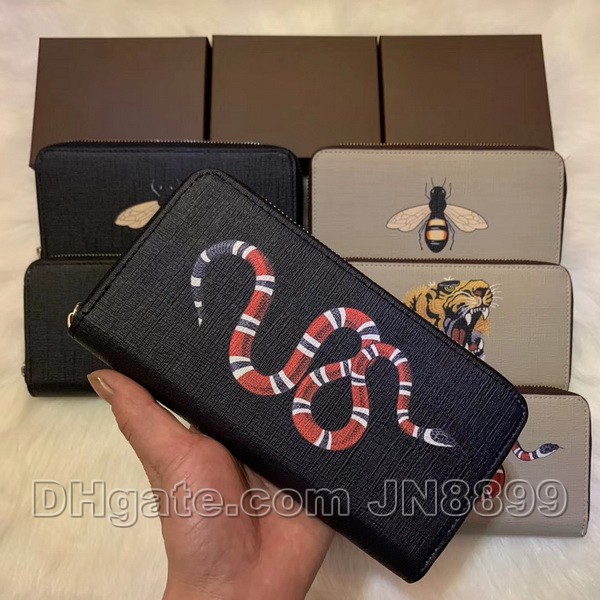 

Hot Sale Top Quality Animal Long Zipper Wallet Men and Women Snake Tiger Bee Wallets Purse Wallet Card Holder With Box 6 Colors, Black snake