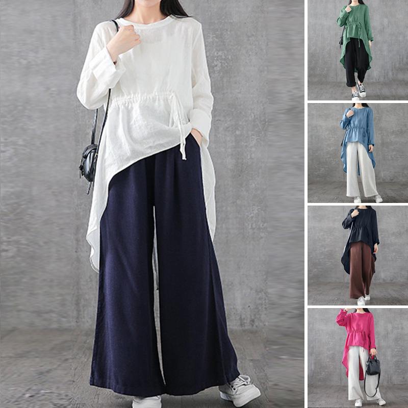 

2020 ZANZEA Women's Irregular Blouse Elegant Drawstring Shirts Cotton Long Sleeve Shirts Female Split Blusas Plus Size Tunic, Blue