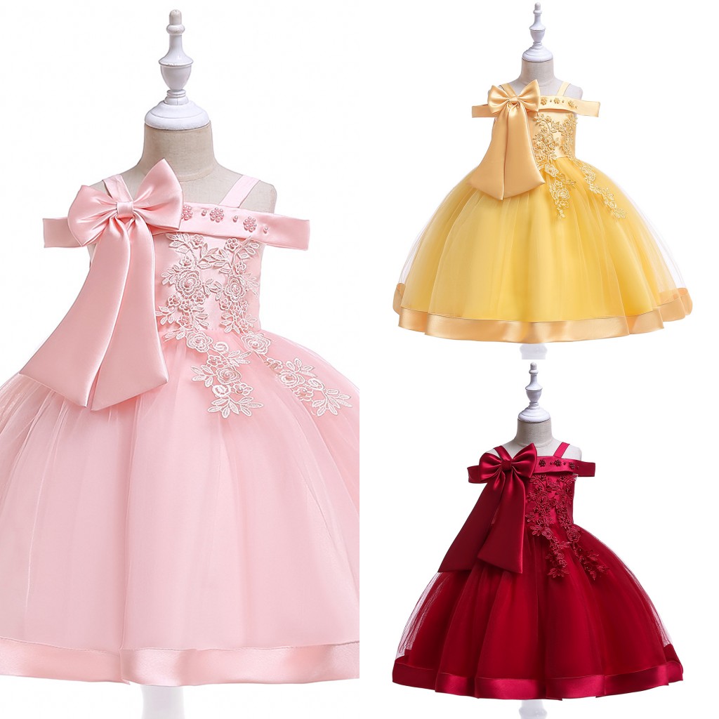 

2020 Cheap Pink Red Lace Flower Girl Dresses Cold Shoulder Pearls Bow Applique Party Dress Kids Toddler First Communion Dress For Wedding