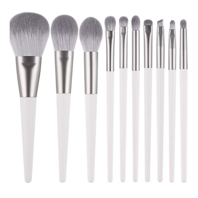 

10Pcs Cosmetic Makeup Brush Set Fiber Bristles Brush with Wood Handle for Foundation Blending Blush Concealer Eye Shadow Grey