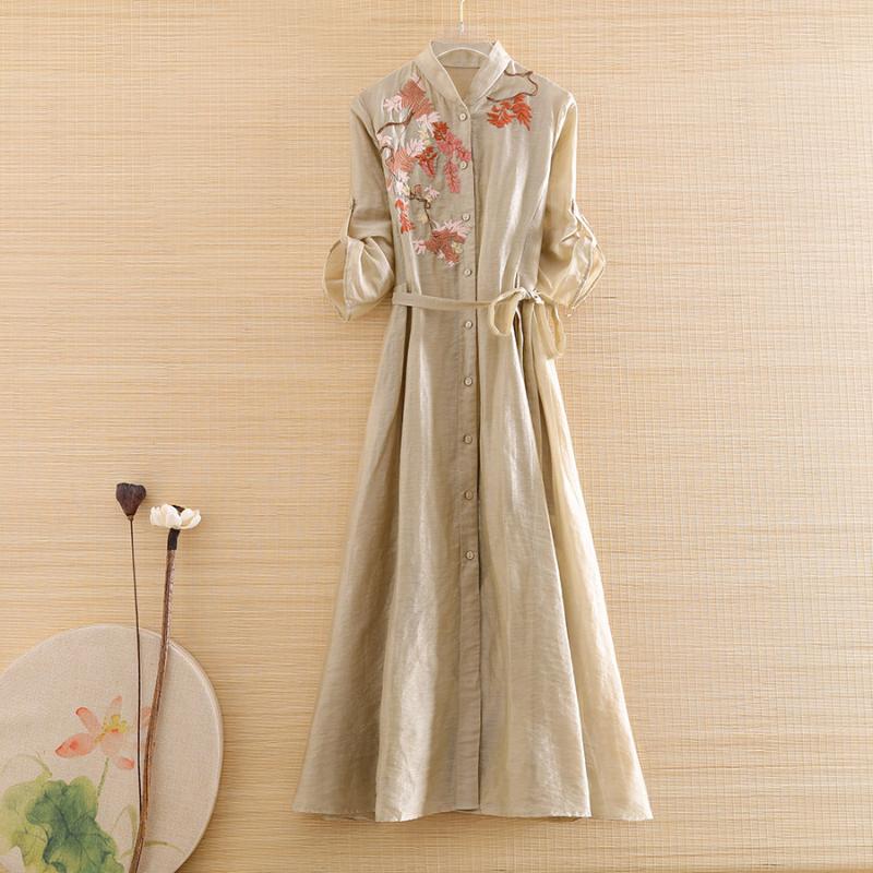 

High-end Spring And Summer Women Chinese Style Linen Cotton Embroidery Elegant Slim Lady A-line 2 Pieces Qipao Dress S-XXL
