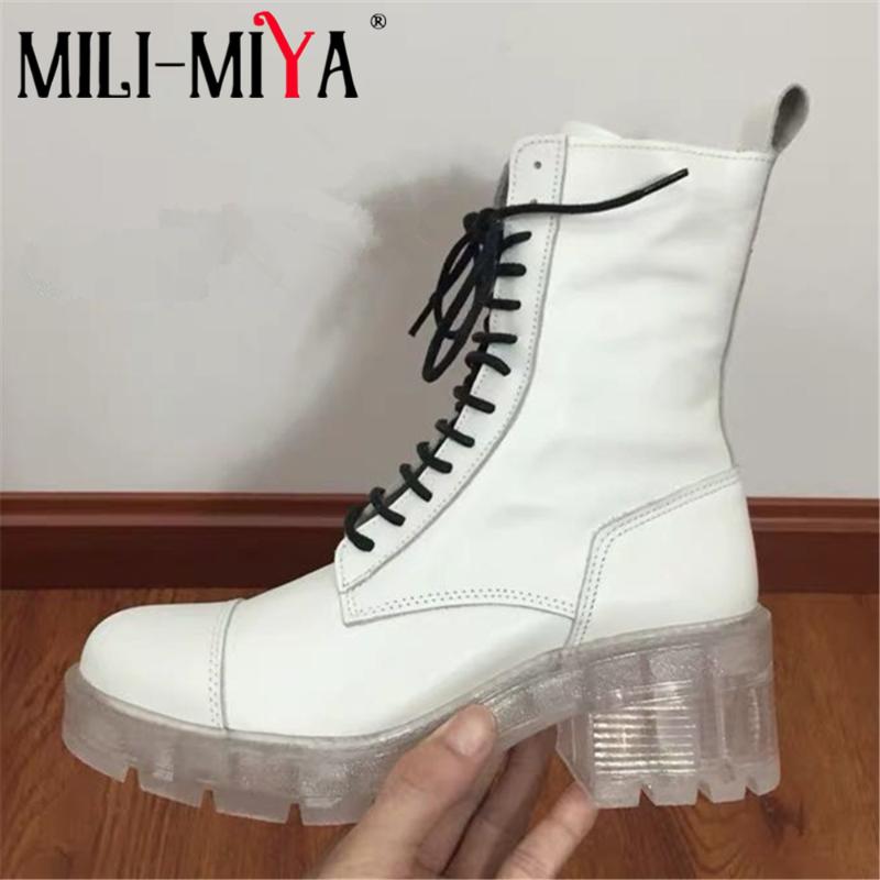 

MILI-MIYA New Arrival Cow Leather Women Ankle Boots Solid Color Lace-Up Round Toe Square Heels Spring/Autumn Shoes, White