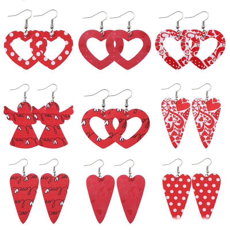 

New Arrival Print Heart Hollow PU Leather Red Angel Earrings for Women Dangle Earrings Lightweight Statement Fashion Jewelry Gift