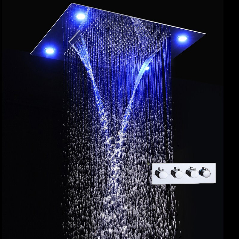 Bathroom LED Shower Faucets 800*600MM 304 Stainless Steel Rainfall Waterfall Shower Head Set With Cold and Hot Mixer Valve-image-441268120