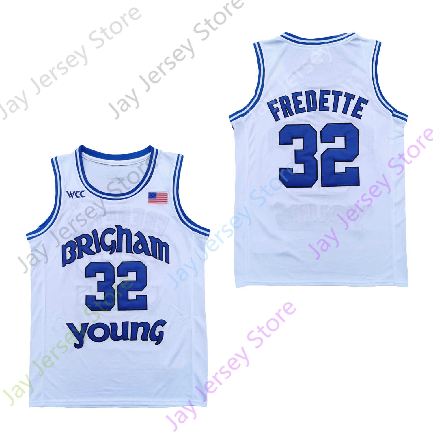 

2020 New NCAA BYU Cougars Stats Jerseys 32 Fredette Basketball Jersey College White Round Collar Size Men Youth Adult