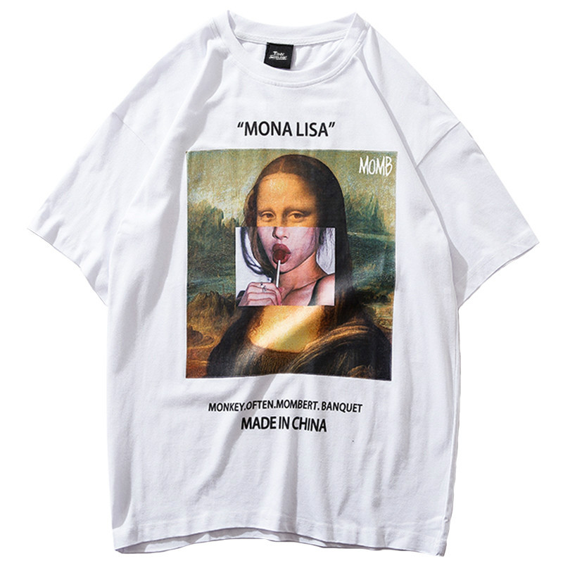 

Januarysnow Summer Hip Hop T Shirt Streetwear Men Funny Mona Lisa T-Shirt Cotton Fashion Harajuku Tshirt Short Sleeve Tops Tees Hipster, White