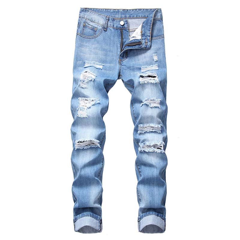 

Men Distressed Jeans Casual No Elasticity Pants Slim Ripped Denim Bleached Knee Holes Washed Destroyed Jeans High Quality, T-305 light blue