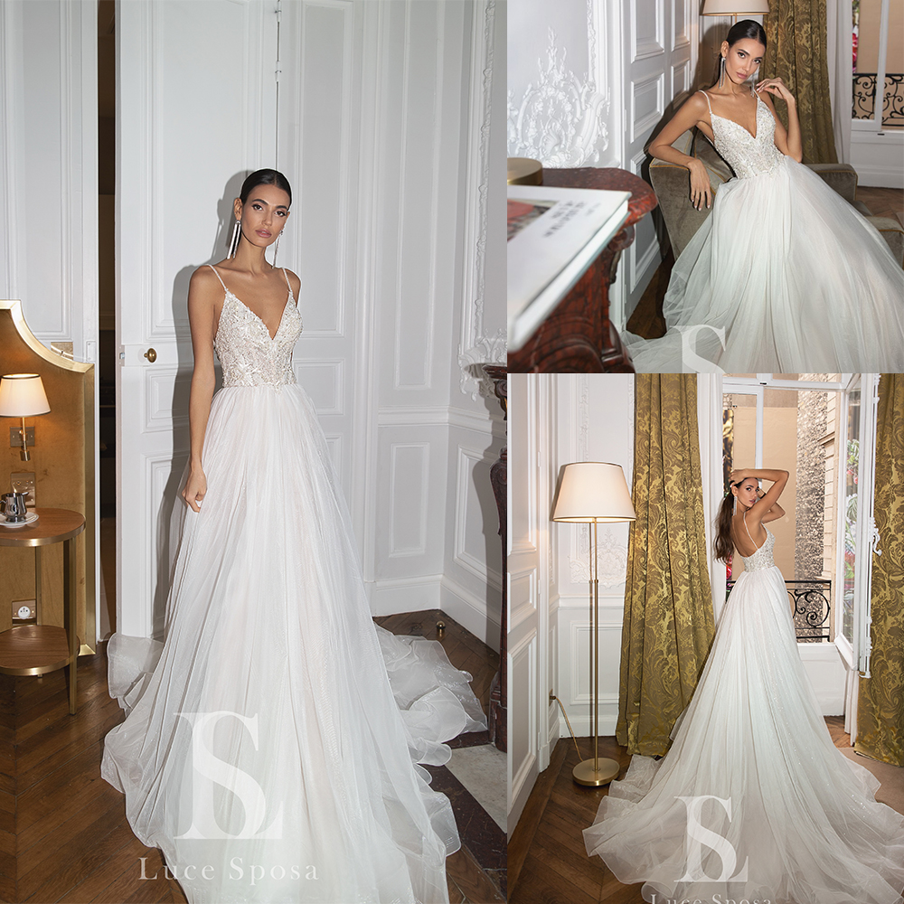 

2020 Bohenmian Bridal Dresses Spaghetti Beaded Sequins Sleeveless Wedding Dress Backless Ruffle Sweep Train Custom Made Robes De Mariée, Nude