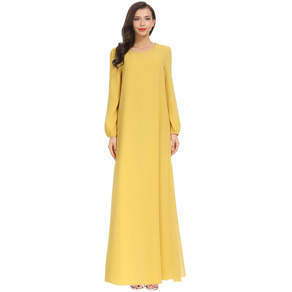 Domple Womens Arabic Solid Modal Muslim Long Sleeve Crewneck Dress