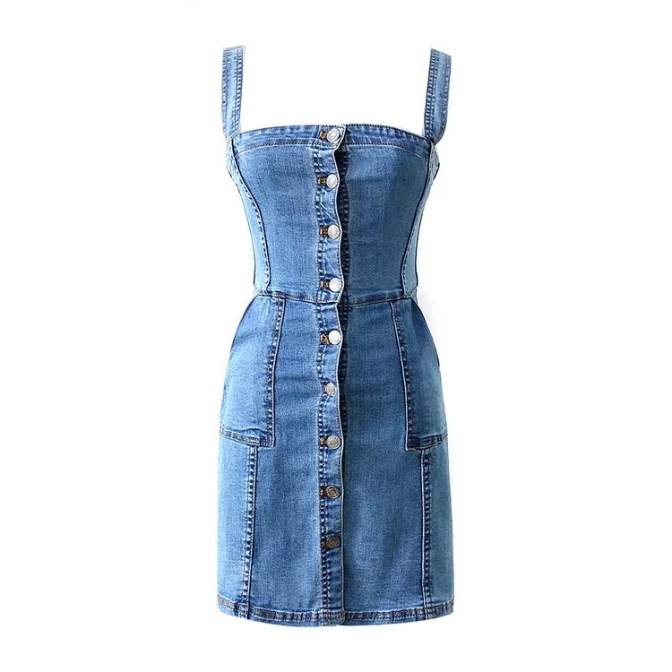 

womens wholesale single breasted bodycon dress high quality fashion Grunge Denim Overalls Suspender Midi Jean Dress, Black