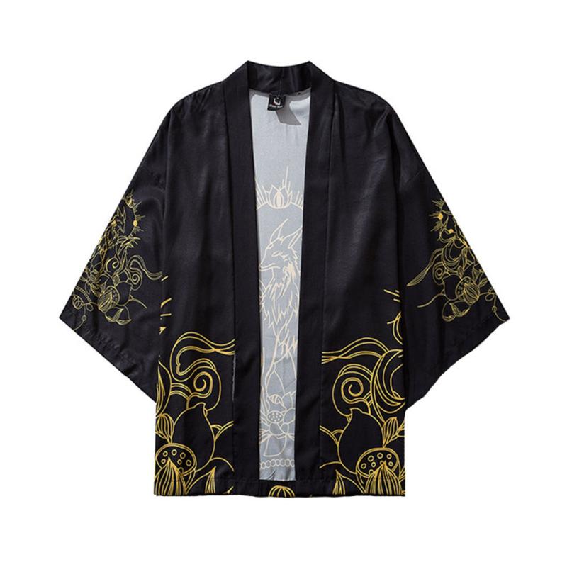 

Summer Mens Kimono Shirt Plus Size Japanese Kimono Cardigan Patterns Open Stitch Fish Dragon Print Harajuku Men Top Clothing