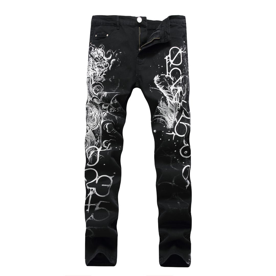 

2019New fashion Men's Cool print jeans men slim straight Black stretch jeans high quality designer pants nightclubs singers