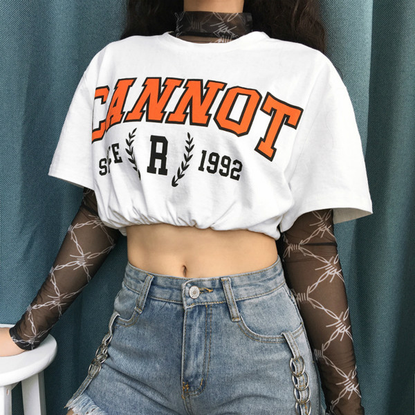 

Womens Tops Fashion Street Hip-hop Printed Waistless Tshirts Womens Summer Sexy Tees Tops Short Sleeve Loose T Shirts New, White