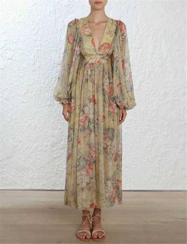 

Summer Sexy Dress Top Quality Lantern Sleeve Sexy Low Bosm Slit Bow Print Women Elegant Celebrity Party Long Dresses, Multi