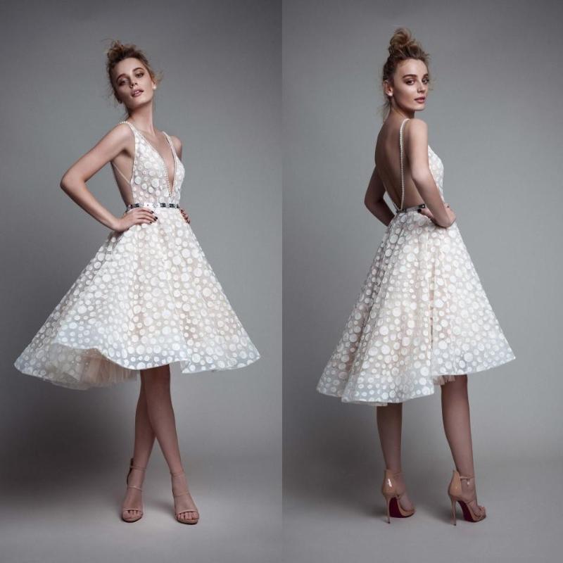 

Modern Knee Length Cocktail Dresses Plunging Neck Backless Formal High Low Prom Gowns with Beads, Same as picture