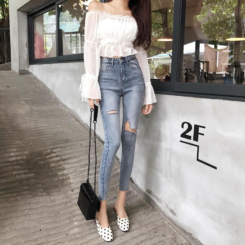 

Women' Jeans Korean Girls With Holes Skinny Pencil Denim Pants High Waist Elastic Women, Blue