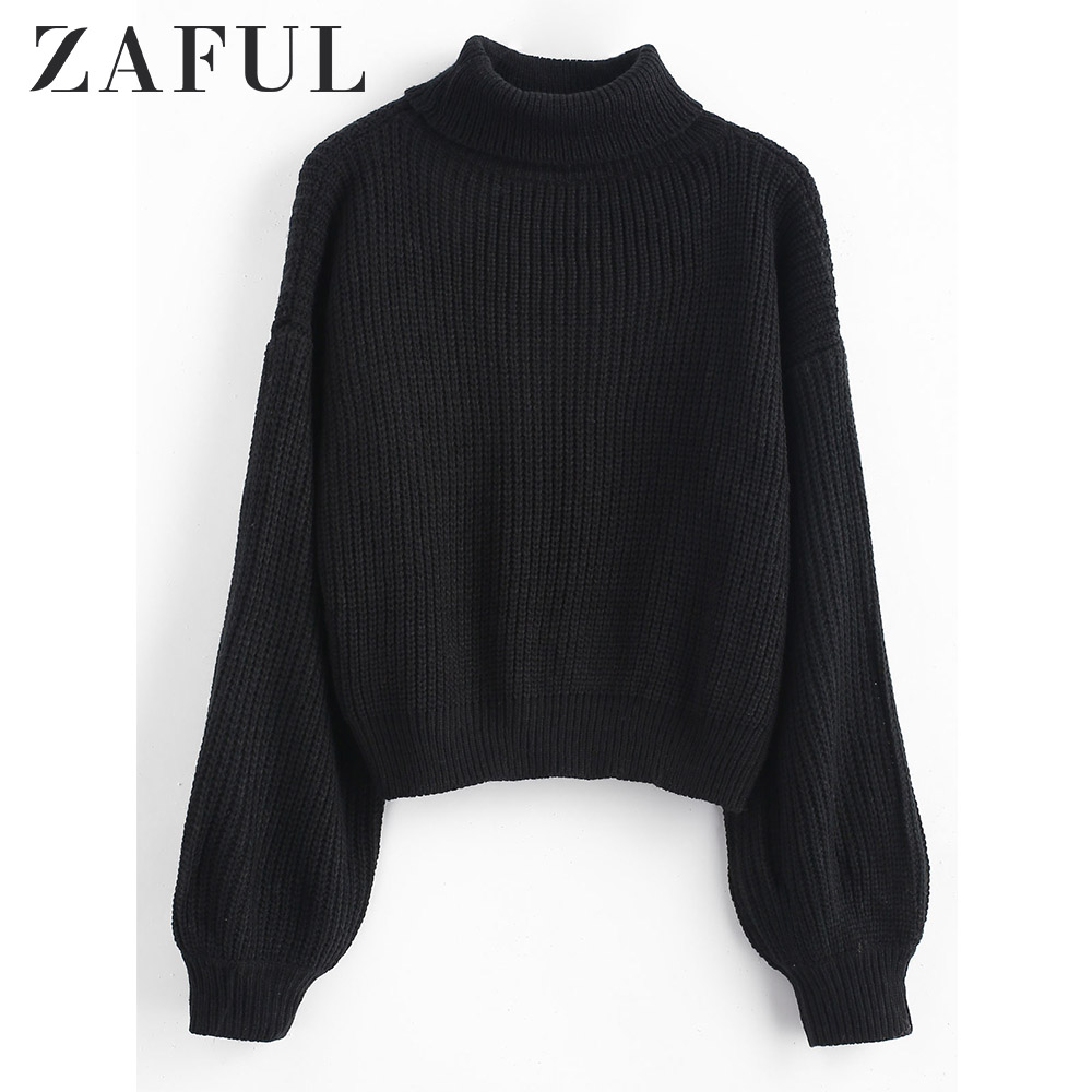 

ZAFUL Turtleneck Lantern Sleeves Chunky Sweater Solid Full Lantern Sleeve Cotton Autumn Loose Pullovers Winter Sweater Women, Black